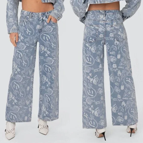 Edikted Cropped Denim Jacket & Malia Printed Wide Leg Jeans Streetwear - Picture 4 of 16